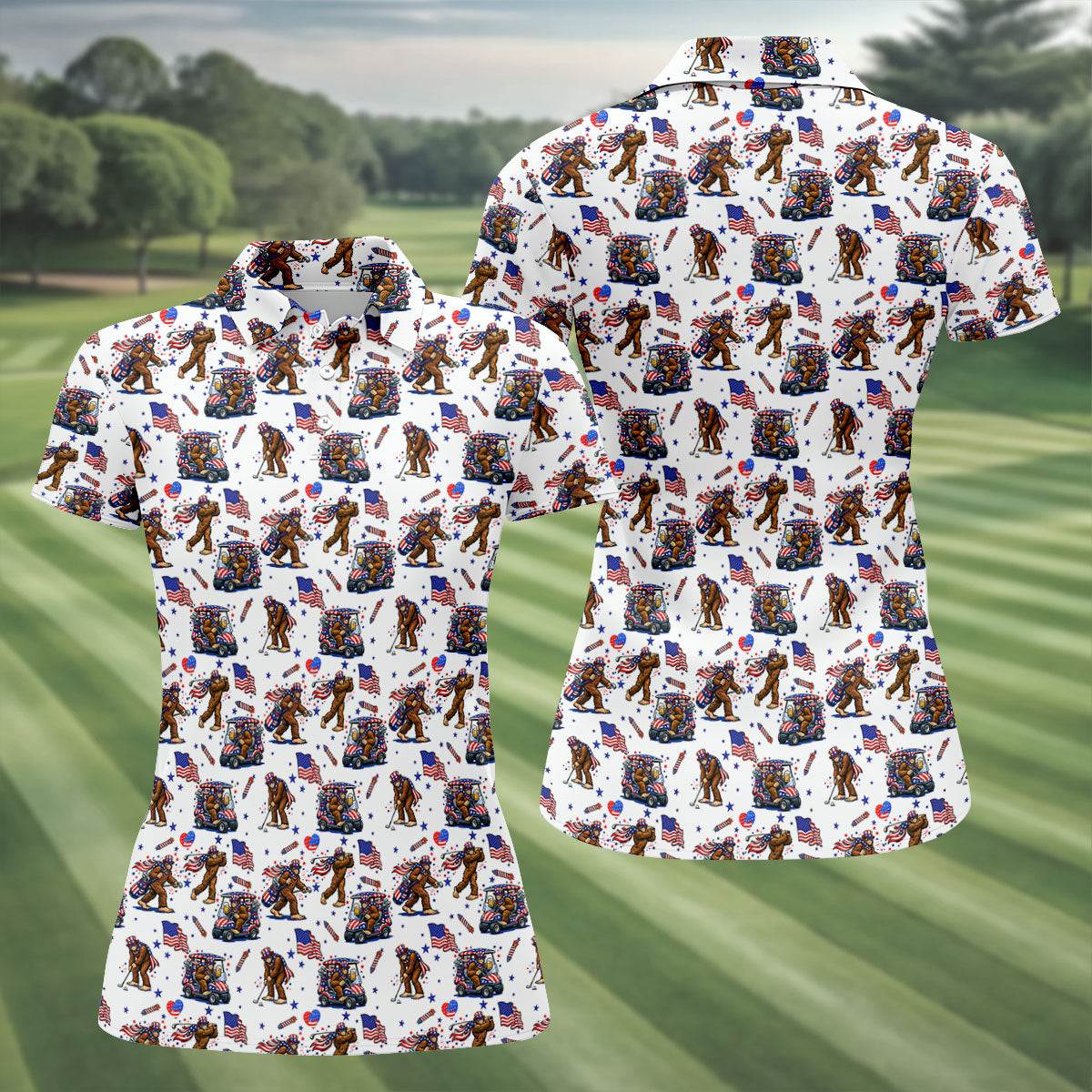 Funny Bigfoot 4th Of July With American Flag Pattern White Women Golf Top, 250th Anniversary Patriotic Golf Shirt