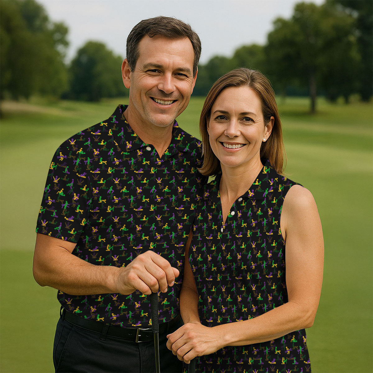 Naughty Position Stick Figure Couple Mardi Gras Black Golf Shirt, Women's Golf Tops, Ladies Golf Polos