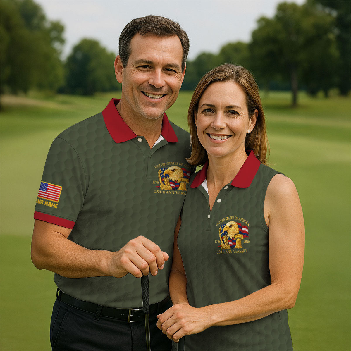 United States 250th Anniversary Patriotic Eagle Olive Custom Golf Shirts, 4th Of July Golf Shirt For Women