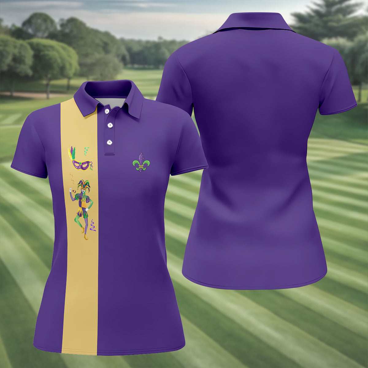 Mardi Gras Festival Jester Figure Fleur De Lis Symbol Purple Golf Shirt, Women's Golf Tops, Ladies Golf Polos