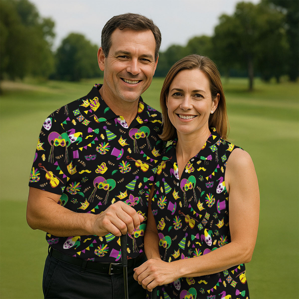Festive Mask Purple Green Gold Mardi Gras Golf Shirt, Women's Golf Tops, Ladies Golf Polos