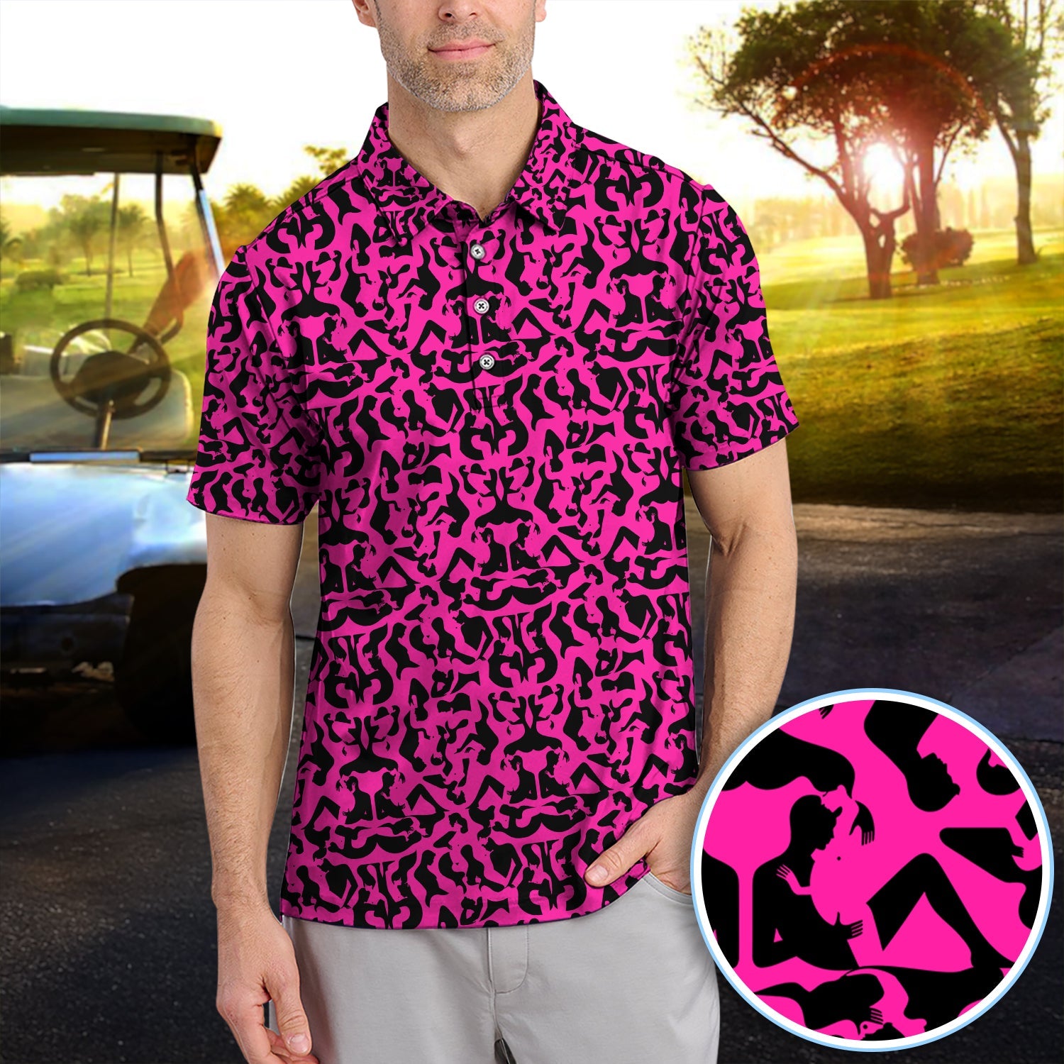 Bold Silhouette Pattern Polos, Hot Pink Abstract Golf Shirt, Golf Gift For Golfer