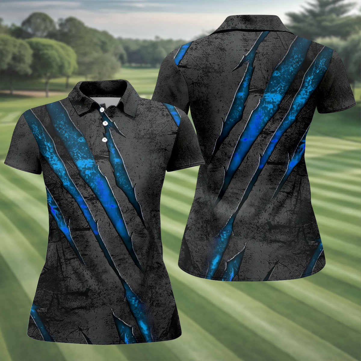 Blue Claw Marks Hawaiian Golf Shirt, Scratch Print Women's Golf Tops, Ladies Golf Shirts