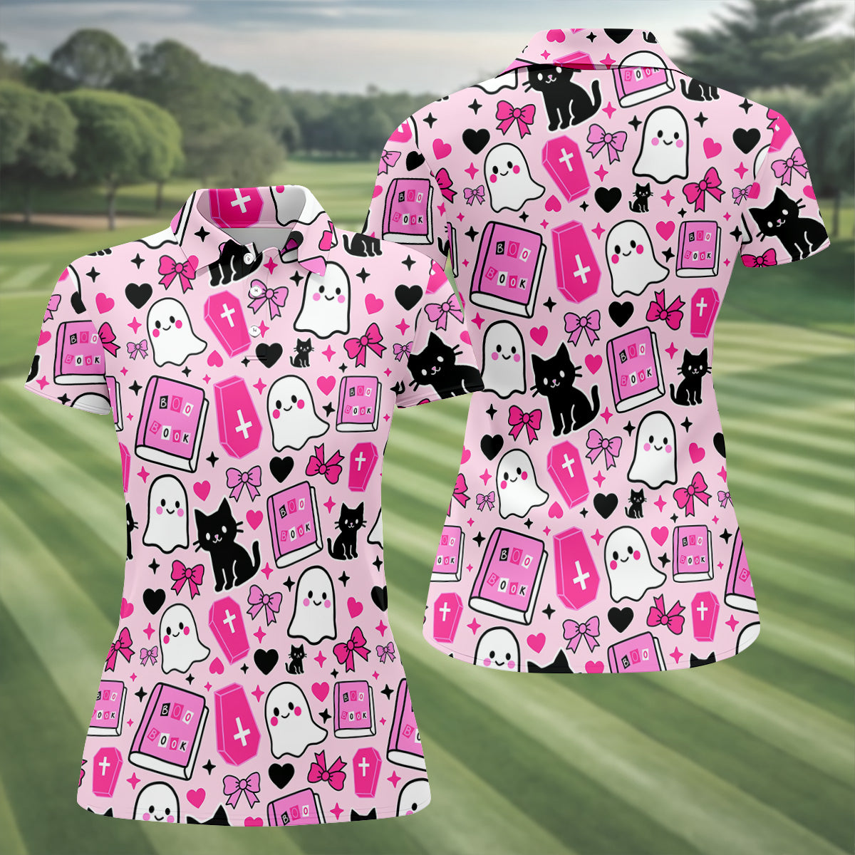 Halloween Boo And Cat Coquette Pink Women Golf Top, Cute Golf Outfit, Ladies Golf Shirts
