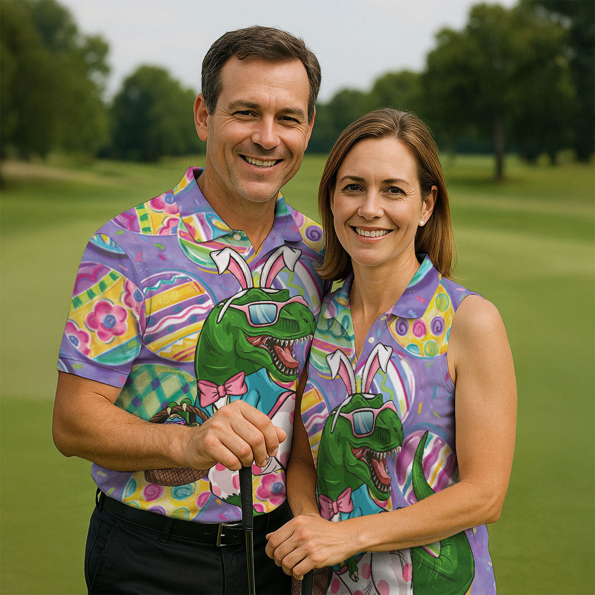 T-Rex Bunny Painted Easter Eggs Women Golf Top, Fun Women's Golf Shirts, Ladies Golf Shirts