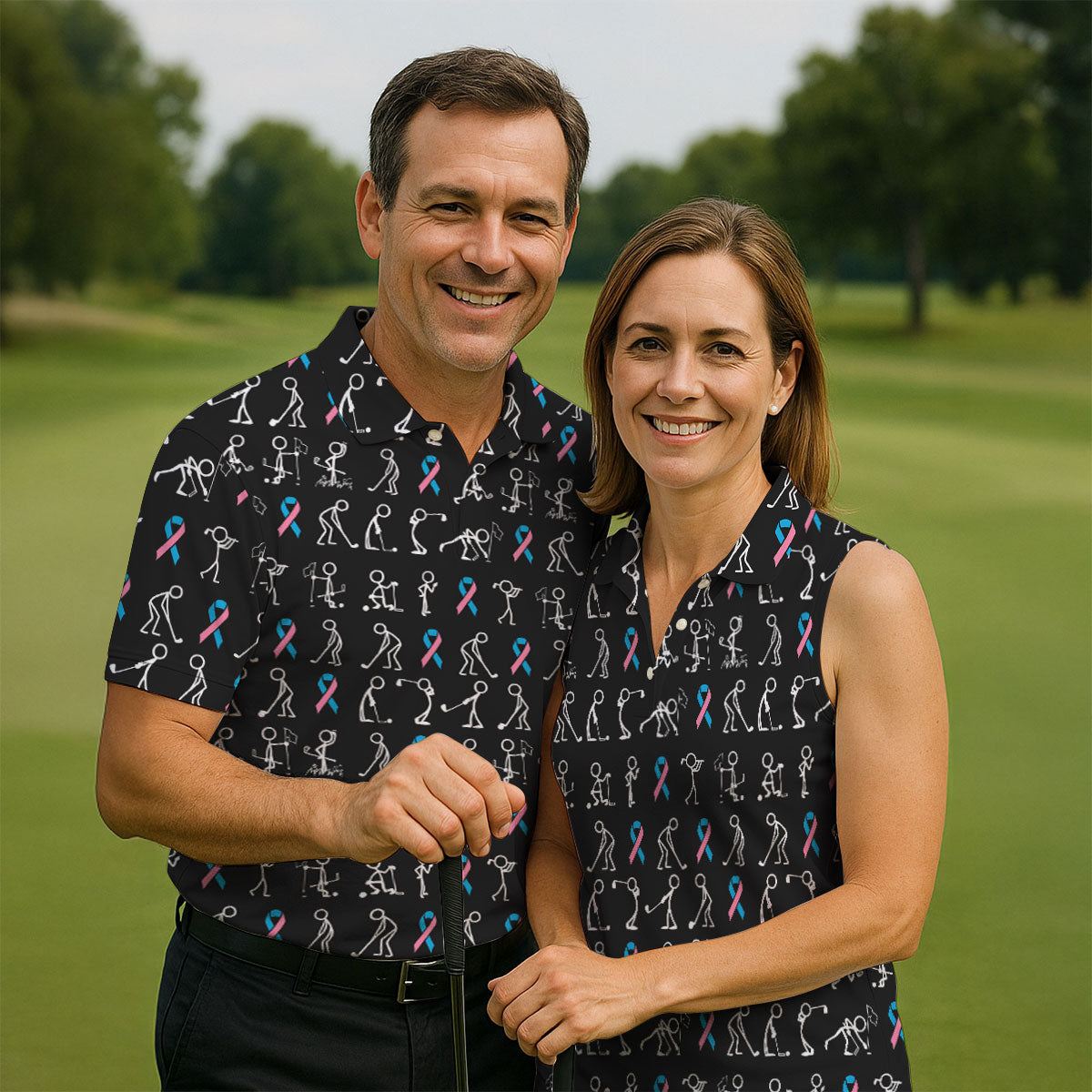 Funny Stick Figure Women's Golf Shirt, Male Breast Cancer Awareness Shirt, Breast Cancer Support Shirt, Ladies Golf Shirt