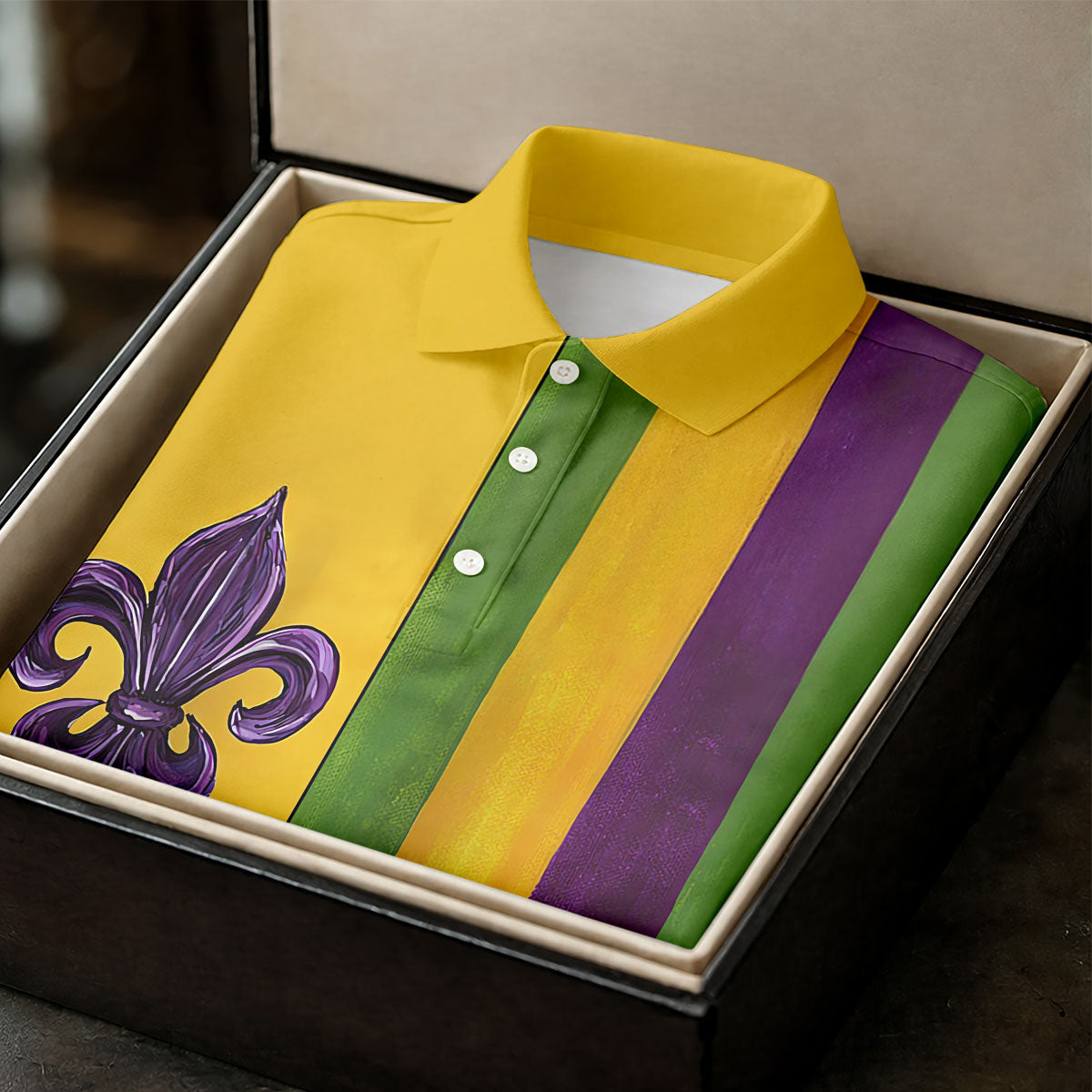Purple Green Gold Vertical Stripes Fleur De Lis Flower Mardi Gras Golf Shirt, Women's Golf Tops, Ladies Golf Shirt