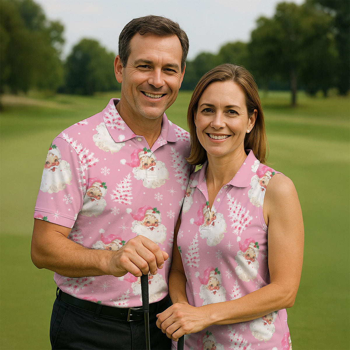 Pink Santa Claus Christmas Golf Shirt, Cute Golf Outfit, Women's Golf Tops, Golf Gift For Ladies