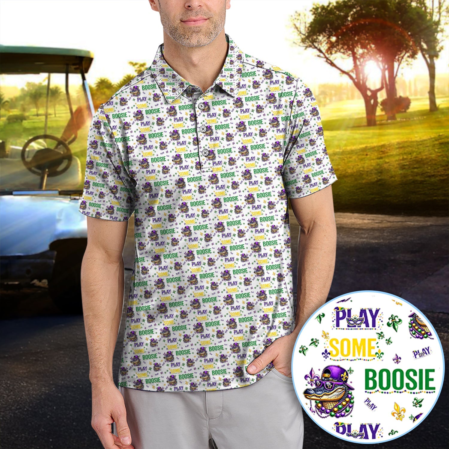 Play Some Boosie Pattern Golf Shirt, Mardi Gras Golf Polos For Golfer, Men Golf Gift