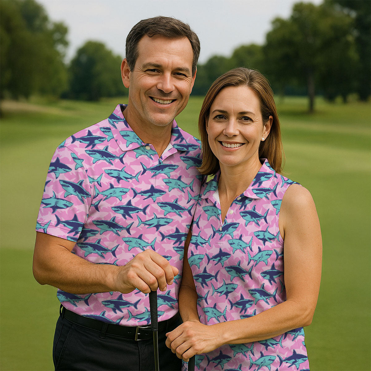 Shark Pattern Hawaiian Golf Shirt, Pink Golf Shirt, Polo Shirts For Men, Golfing Apparel