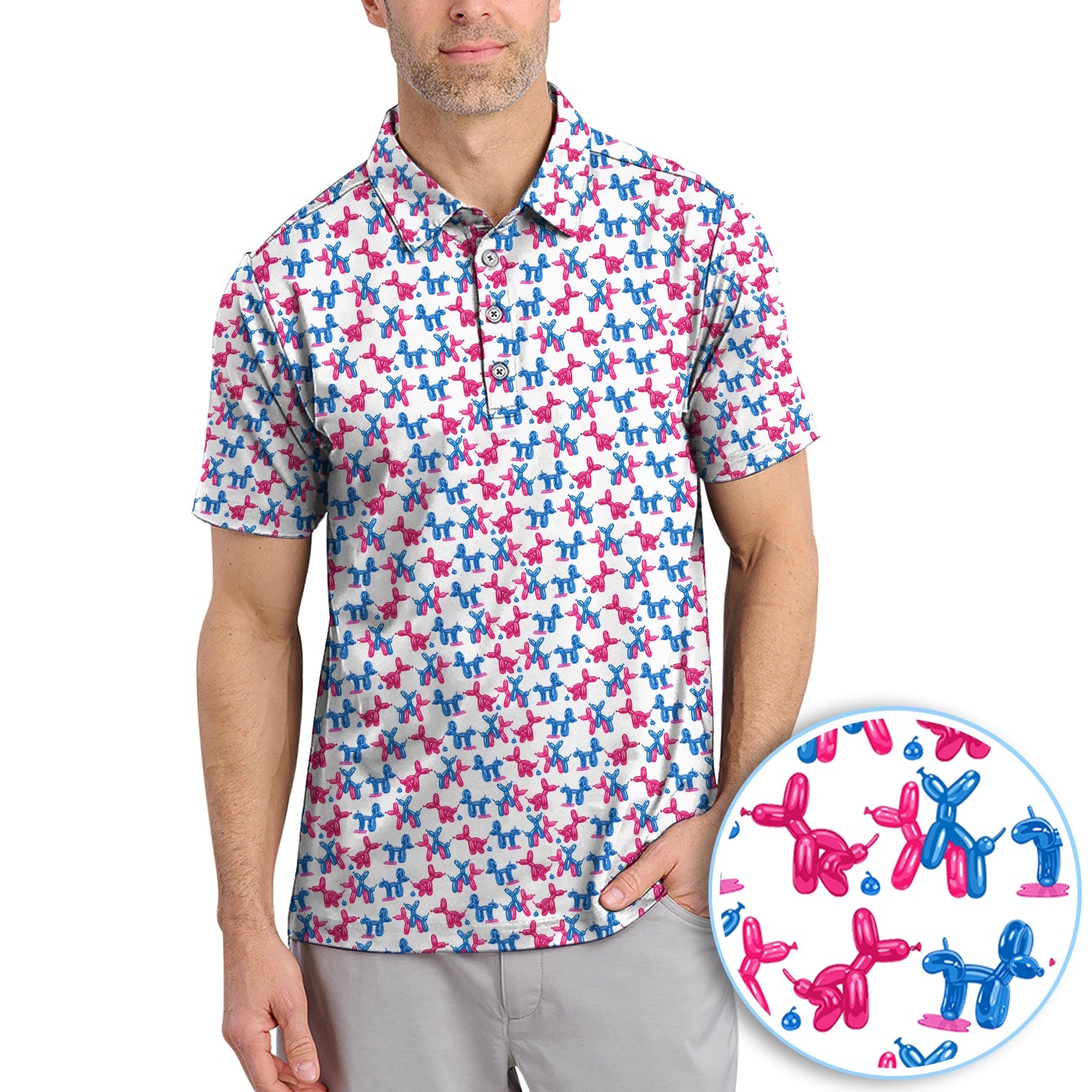 Balloon Dog Pattern Golf Polos, Funny Golf Shirts For Men, Golf Gift For Golfer