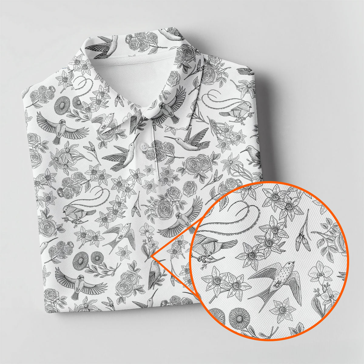 Custom Name Toile de Jouy Birds And Flowers Grey And White Women Golf Top, Ladies Golf Polos