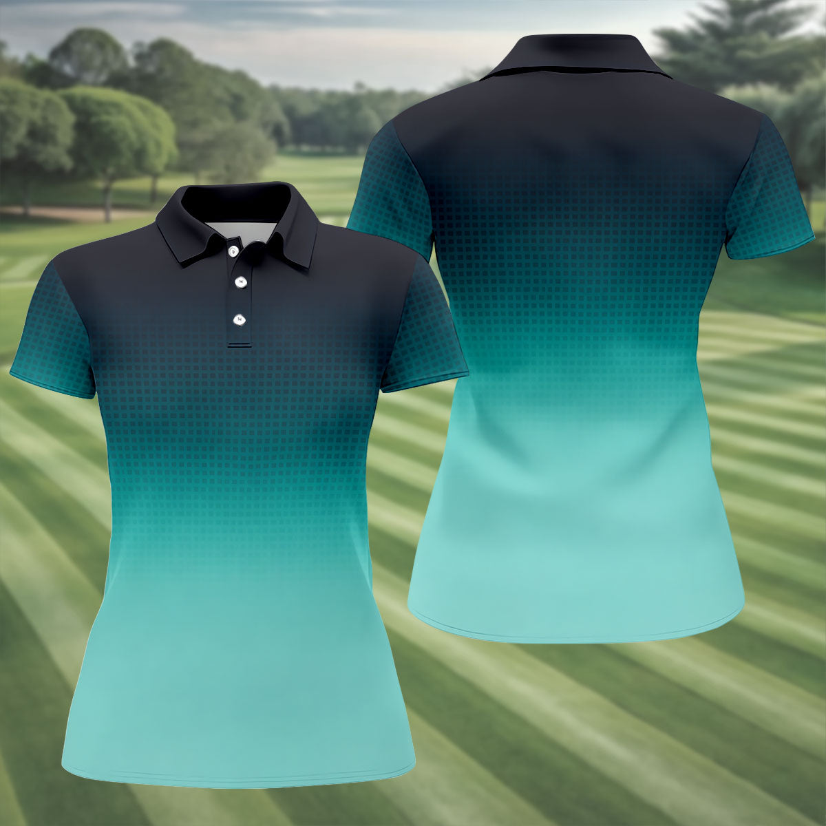Turquoise Gradient Hawaiian Golf Shirt, Ladies Golf Tops, Golf Shirt For Women