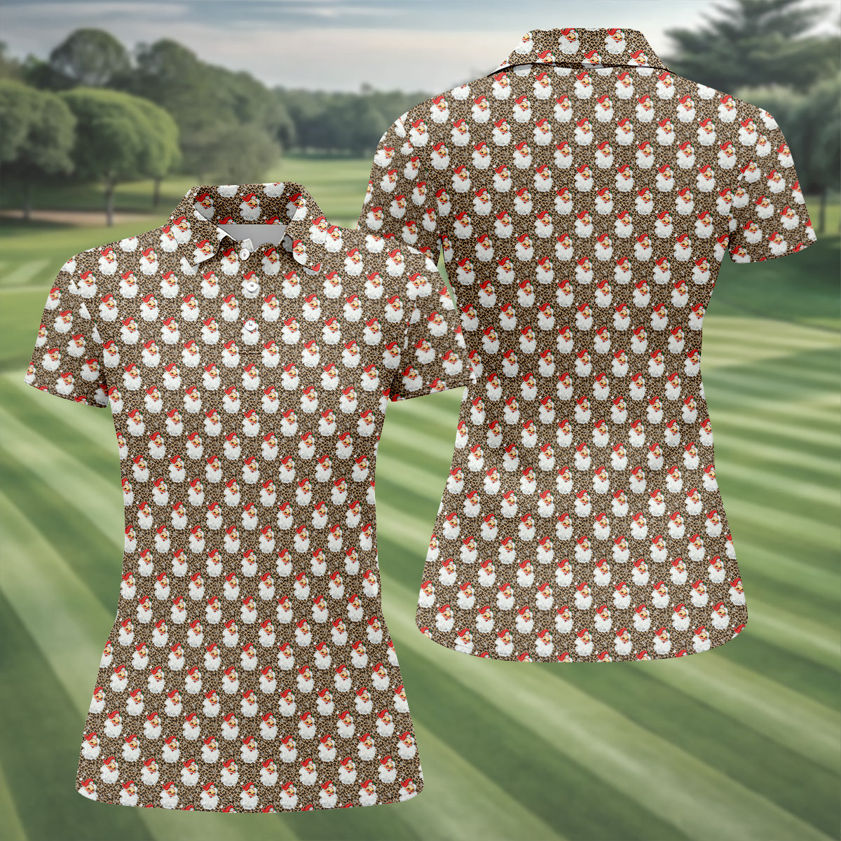 Leopard Santa Xmas Golf Shirt, Ladies Golf Tops, Retro Golf Shirt, Christmas Golf Shirt, Golf Shirt For Women