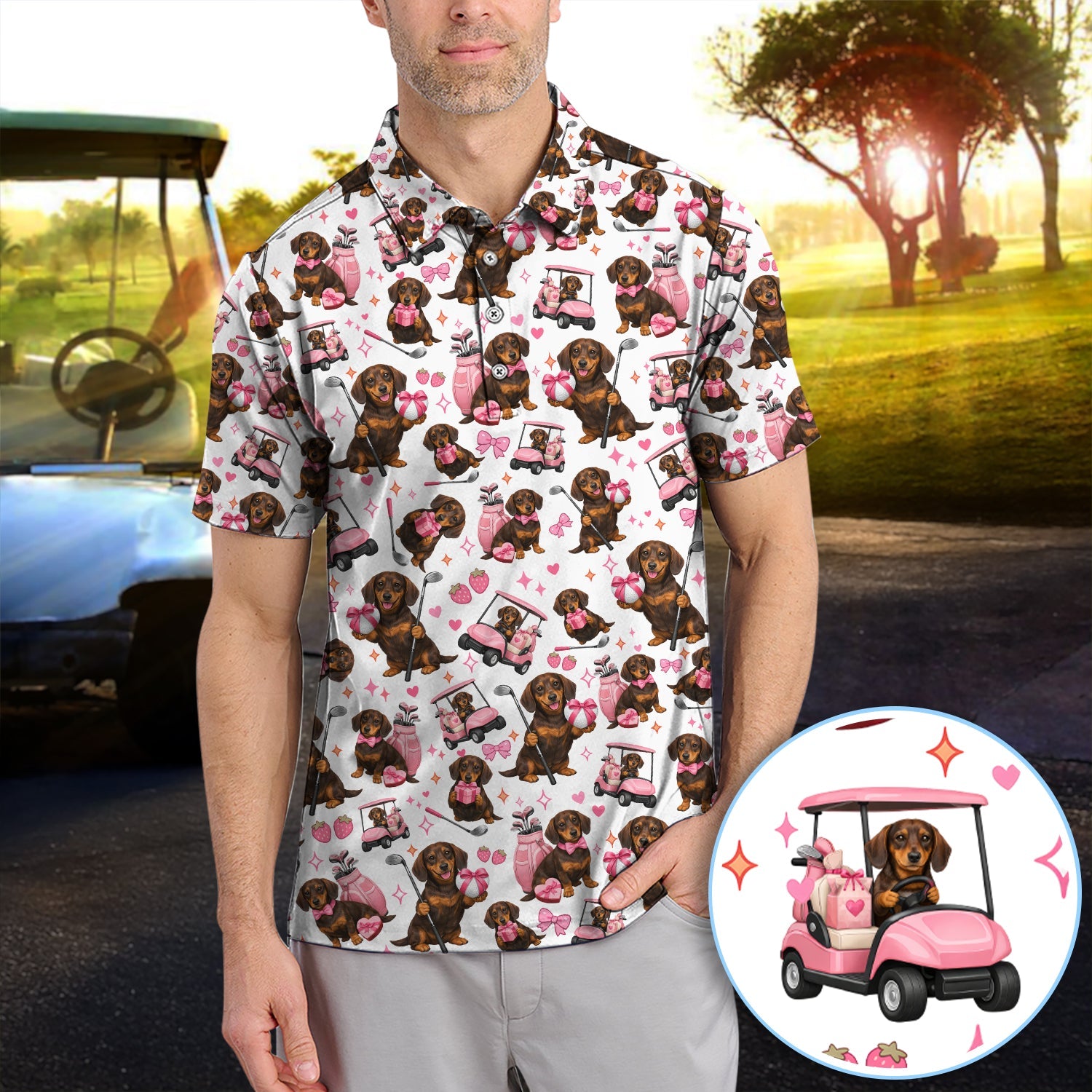Dachshund Valentine Pattern Golf Shirt, Wiener Dog Golf Polos For Men, Golf Gift For Golfer