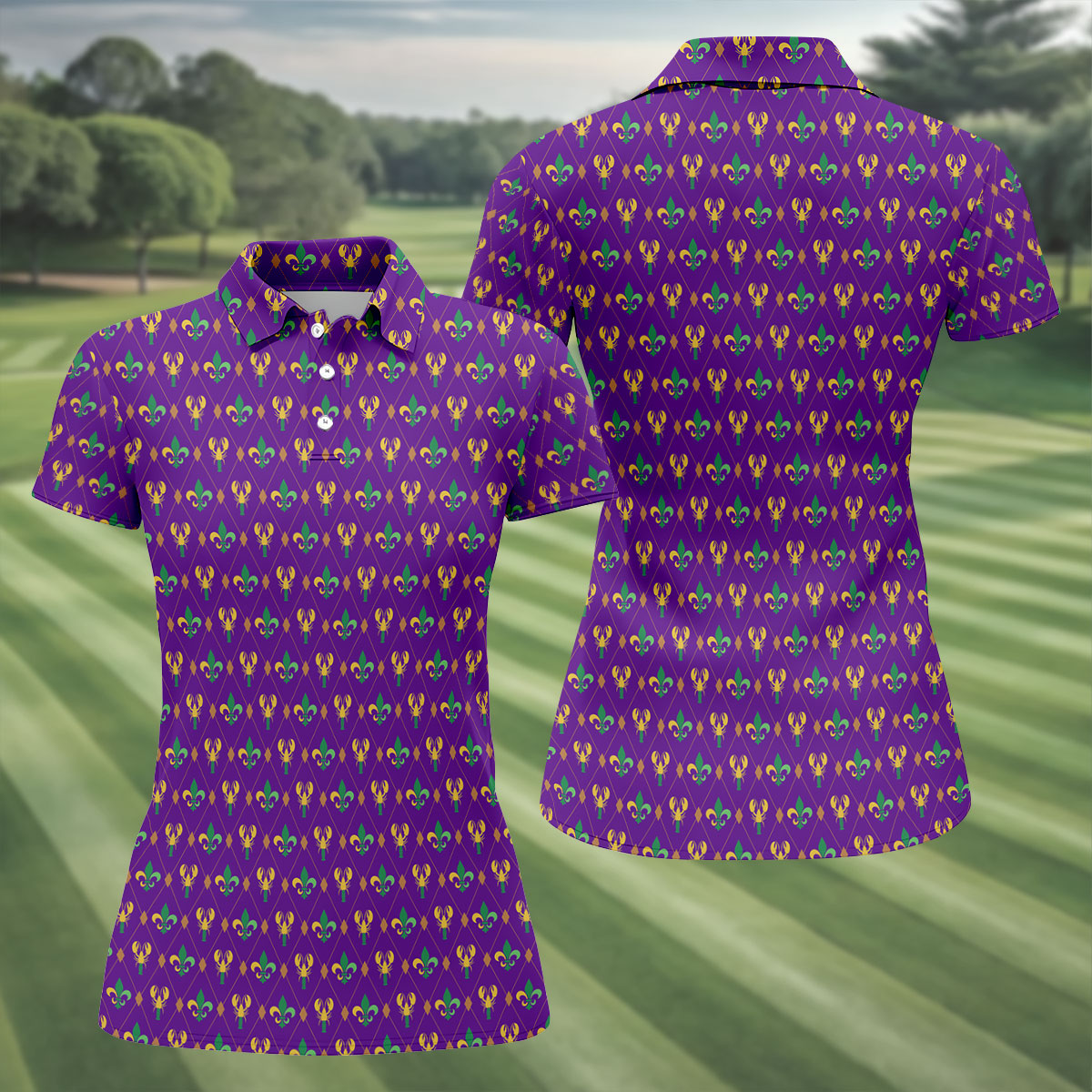 Crawfish Fleur De Lis Argyle Pattern Mardi Gras Golf Shirt, Women's Golf Tops, Ladies Golf Polos