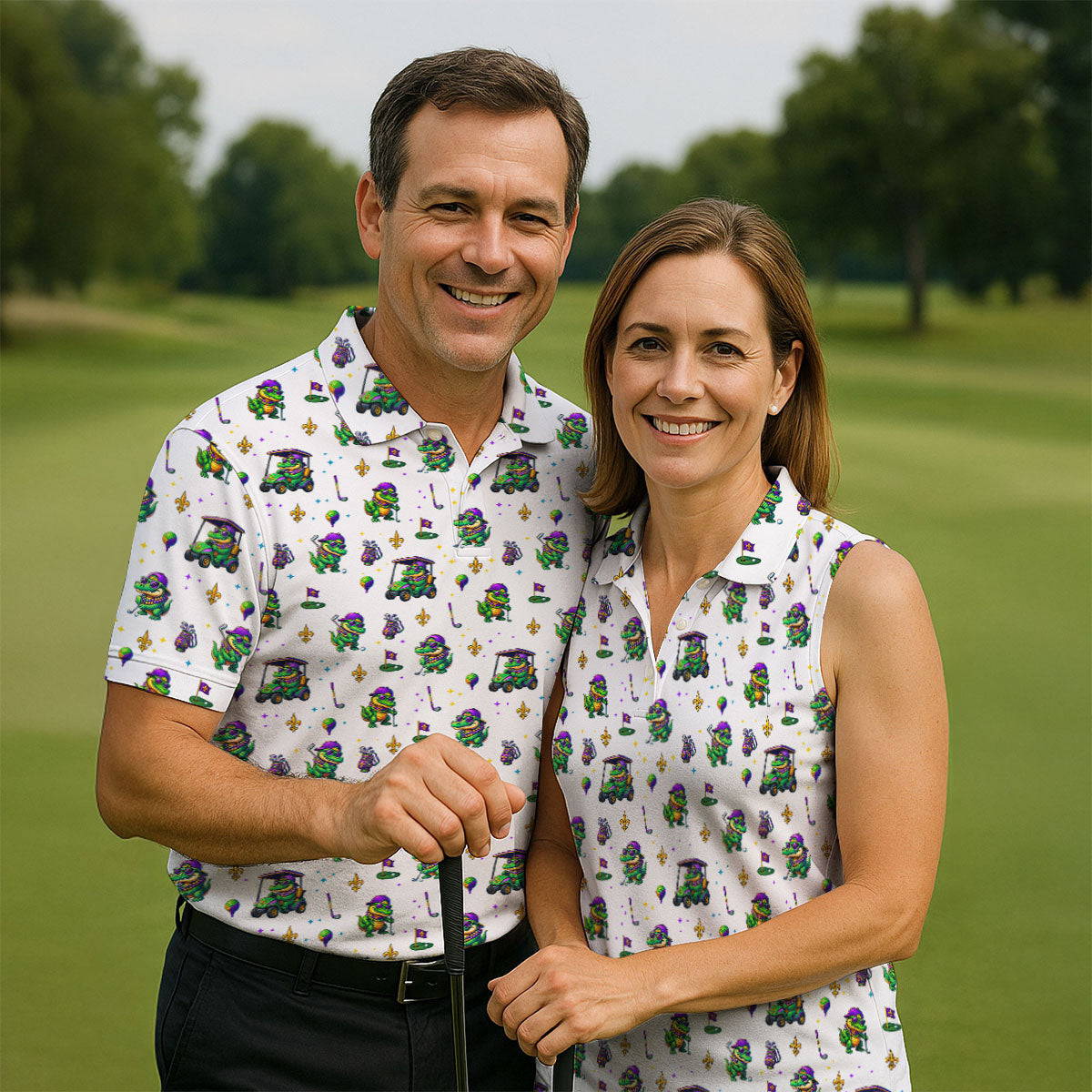 Funny Crocodile Mardi Gras Golf Shirts, White Golf Shirt, Festive Women Golf Top, Ladies Golf Shirts