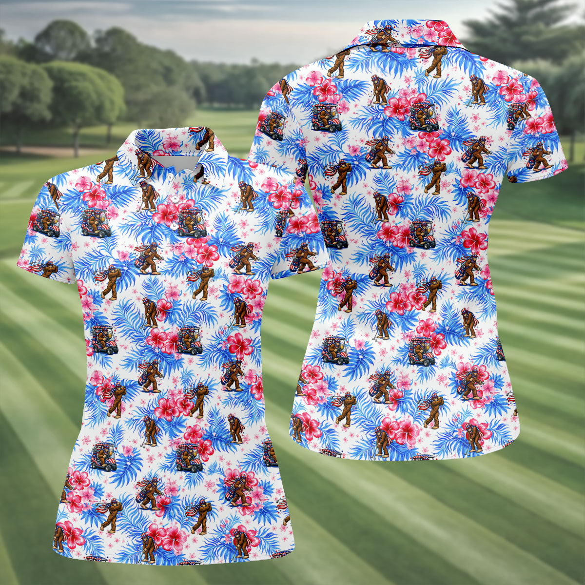 Funny Bigfoot Golf Pose 4th Of July Tropical Vibe Women Golf Top, 250th Anniversary Patriotic Golf Shirt