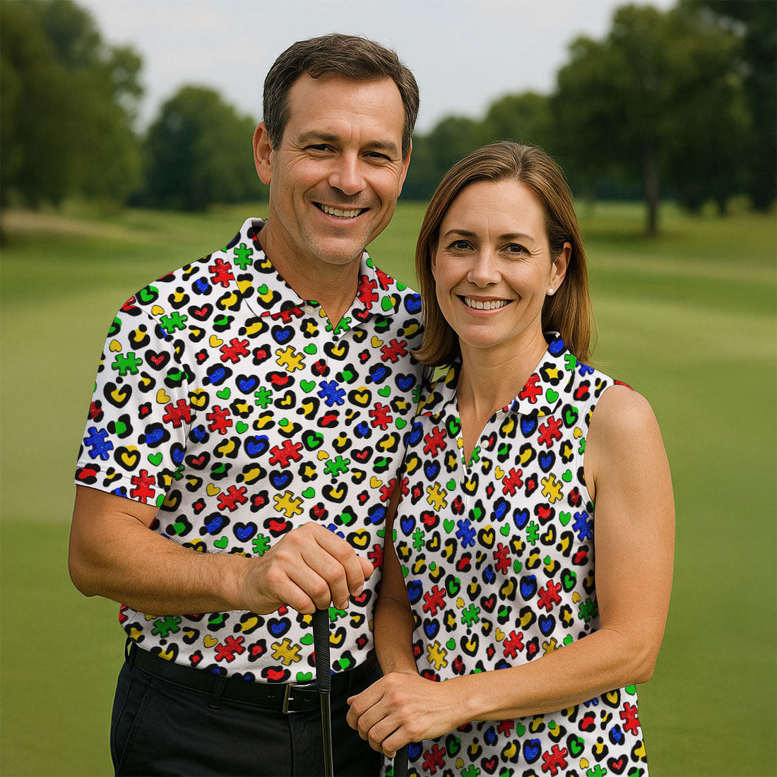 Autism Awareness Color Leopard Pattern White Golf Shirt, Golf Tops For Men, Polo Shirts For Men, Golf Shirts For Men