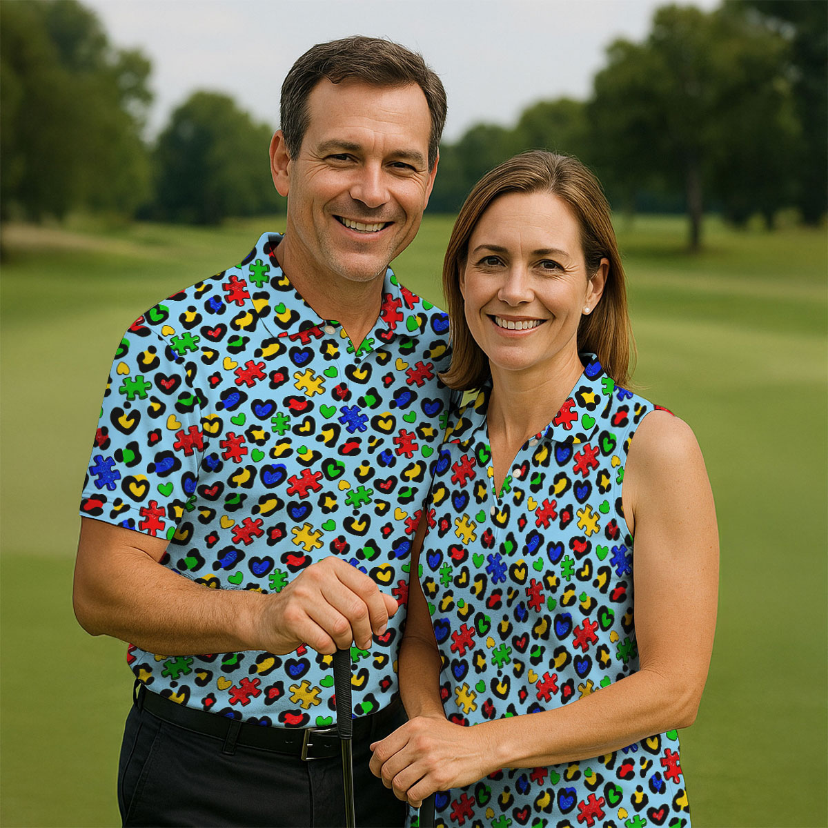 Autism Awareness Color Leopard Pattern Blue Golf Shirt, Women's Golf Tops, Ladies Golf Shirts, Ladies Golf Polos