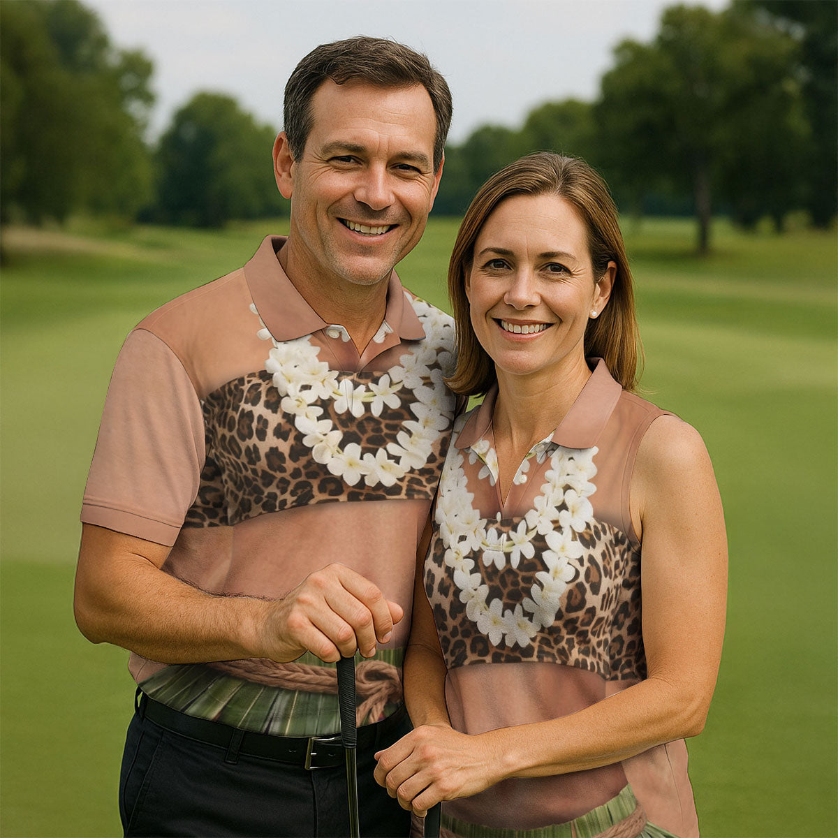 Floral Lei Tropical Theme Party Leopard Print Hawaiian Golf Shirt, Polo Shirts For Men