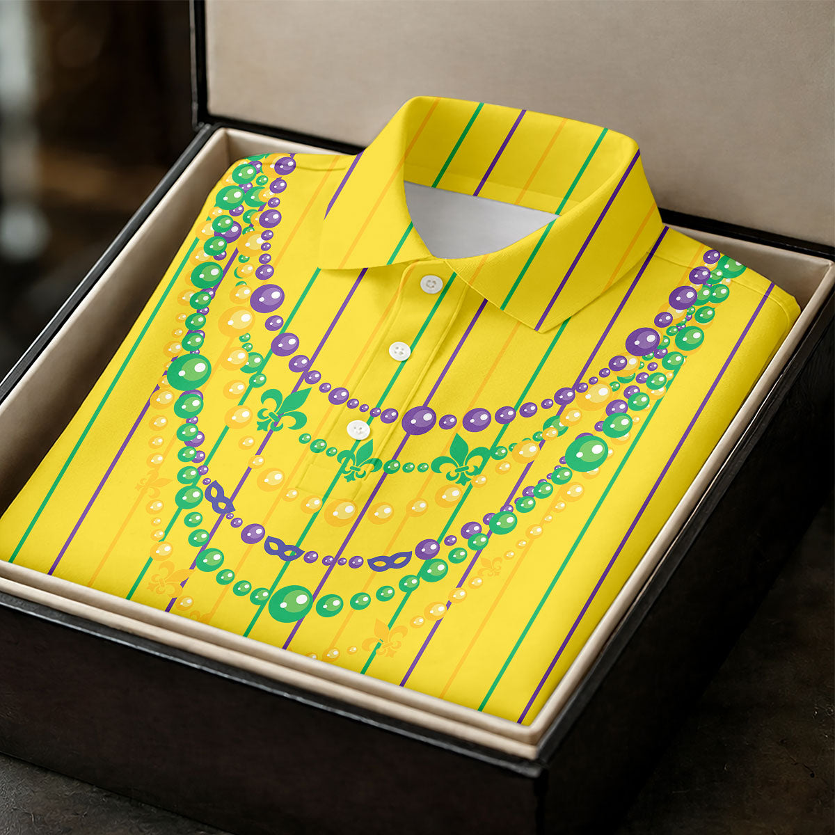 Mardi Gras Beads Necklaces Print Yellow Golf Shirt, Women's Golf Shirts, Ladies Golf Polos, Golf Shirt For Women