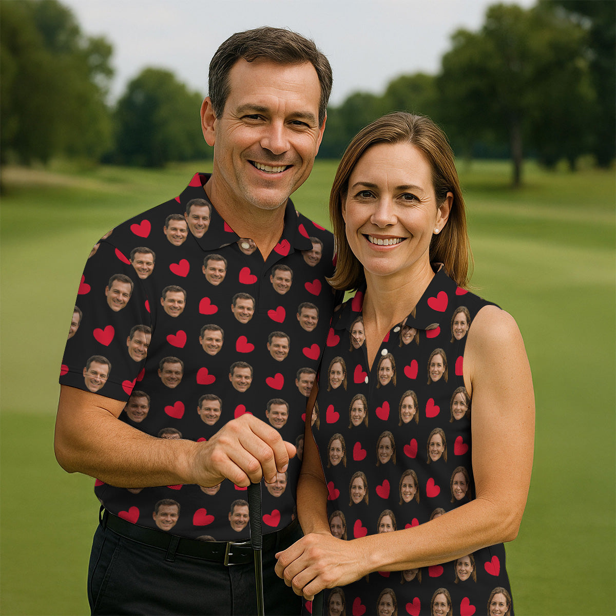 Custom Face Red Heart Pattern Black Golf Shirt, Cute Golf Outfit, Ladies Golf Shirts, Golf Gifts For Women