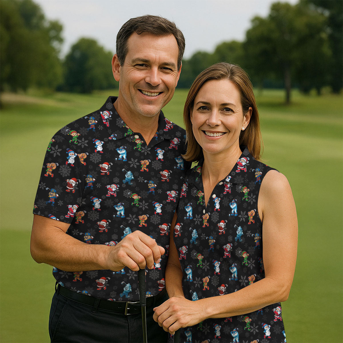 Funny Christmas Characters Golf Pose Black Golf Shirt, Christmas Golf Shirt, Ladies Golf Shirts, Women's Polo Shirt