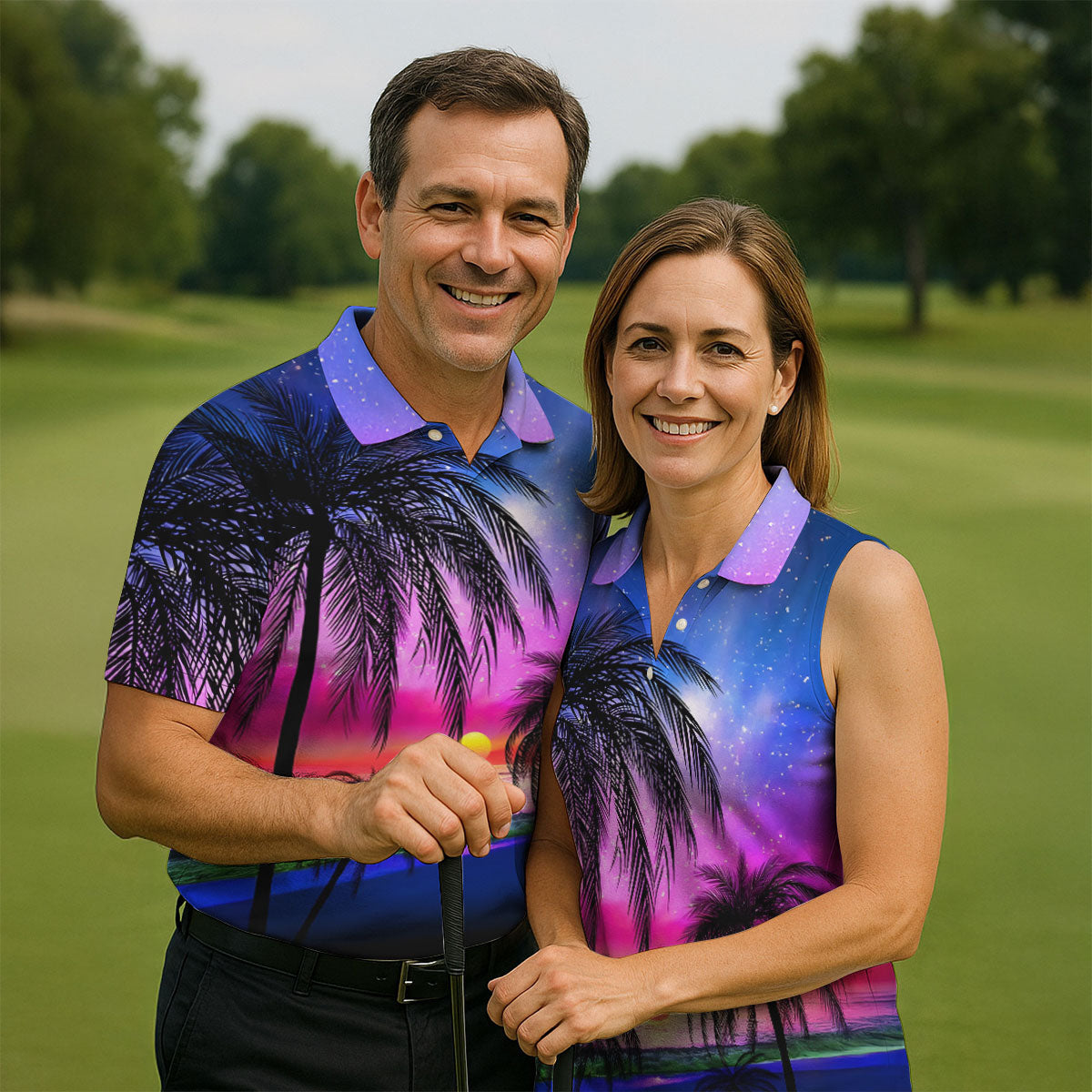 Palm Tree Beach Sunset Golf Shirt, Mens Golf Polo, Printed Golf Shirts, Golf Apparel For Men