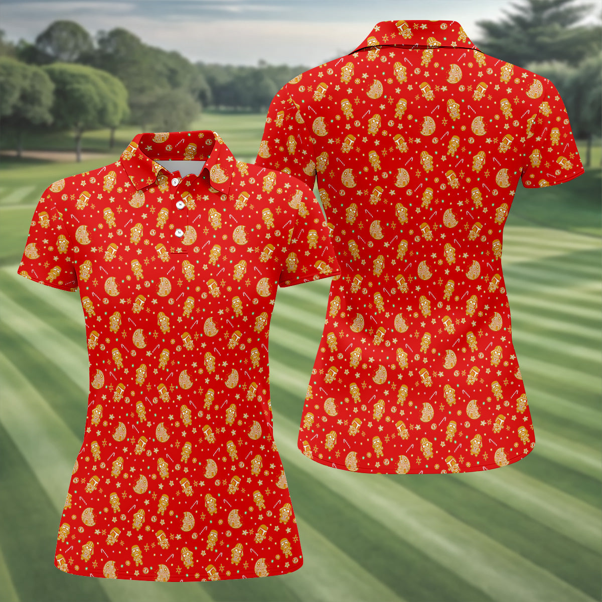 Gingerbread Character Christmas Golf Shirt, Red Golf Shirt, Fun Women's Golf Shirts, Golf Gift For Ladies