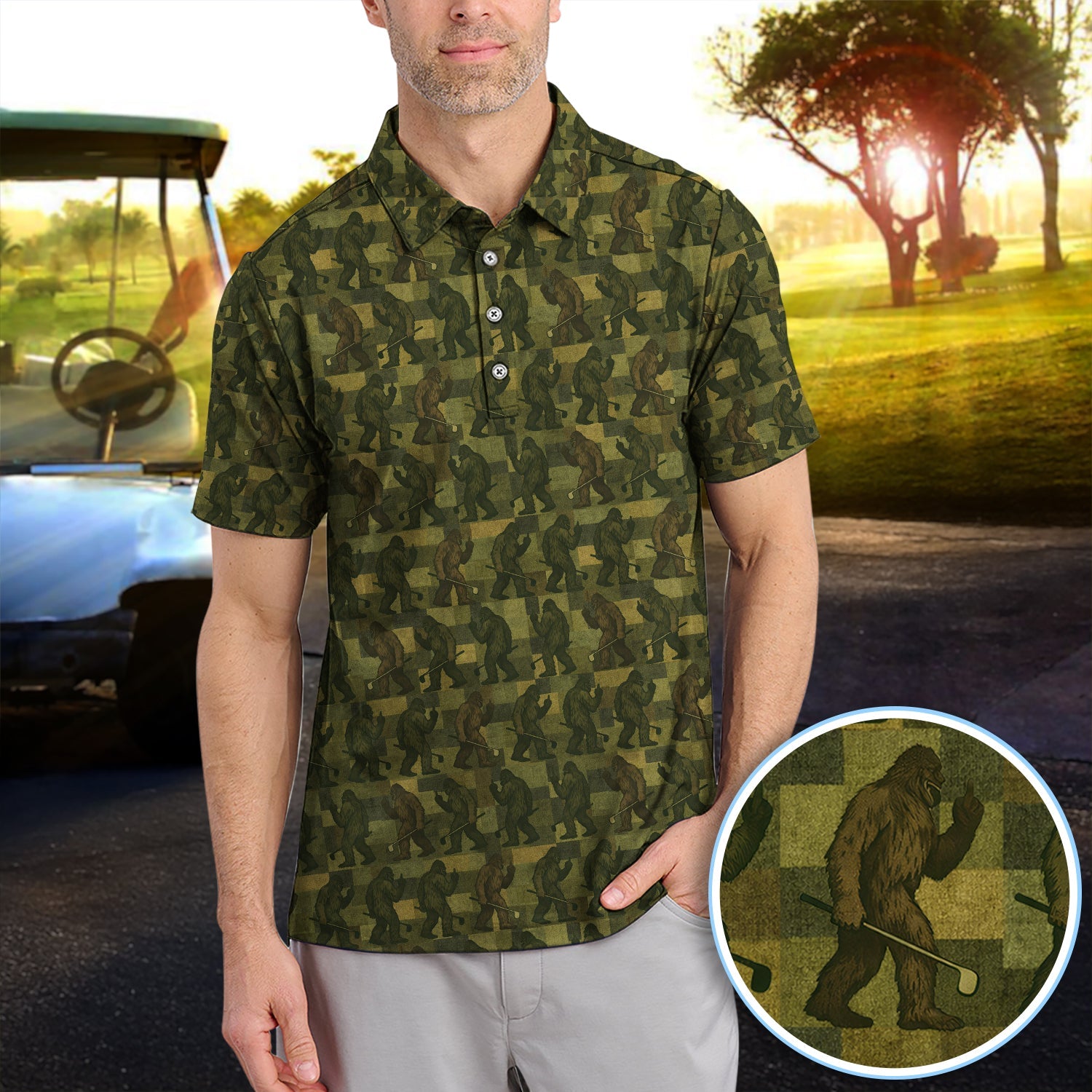 Bigfoot Caro Pattern Golf Polos, Sasquatch Camo Golf Shirt For Golfer, Golf Gift For Men