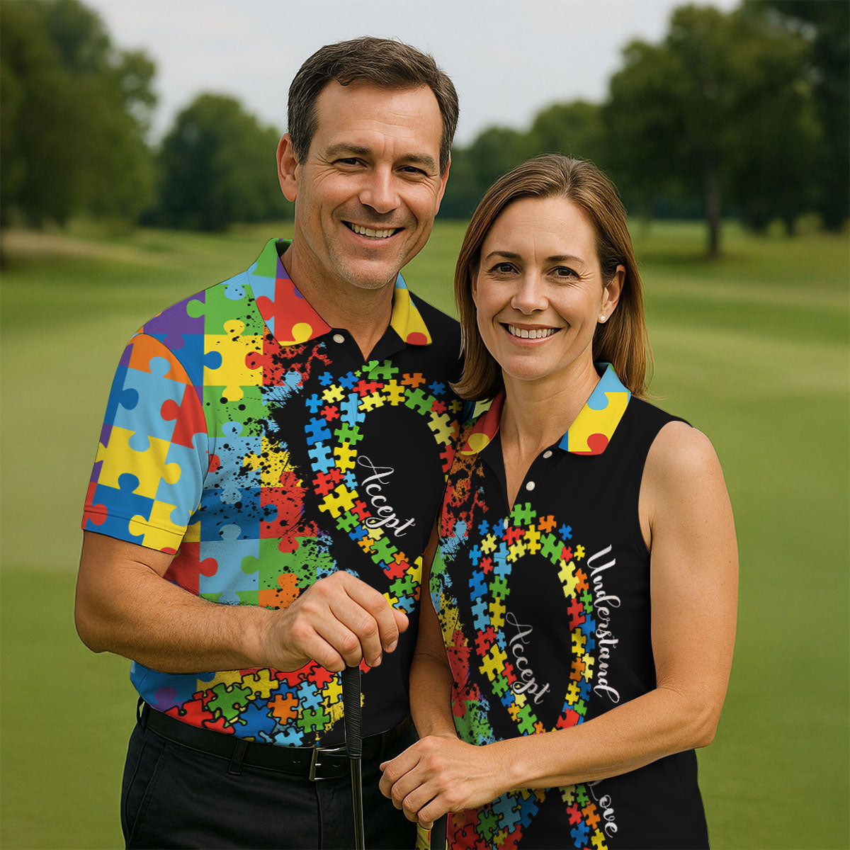 Accept Love Understand Autism Awareness Colors Autism Ribbon Women's Golf Tops, Ladies Golf Polos