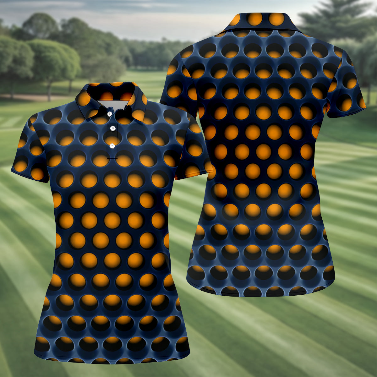 3D Effect Circular Pattern Orange Golf Shirt, Cool Golf Outfit, Women Golf Top, Ladies Golf Shirts