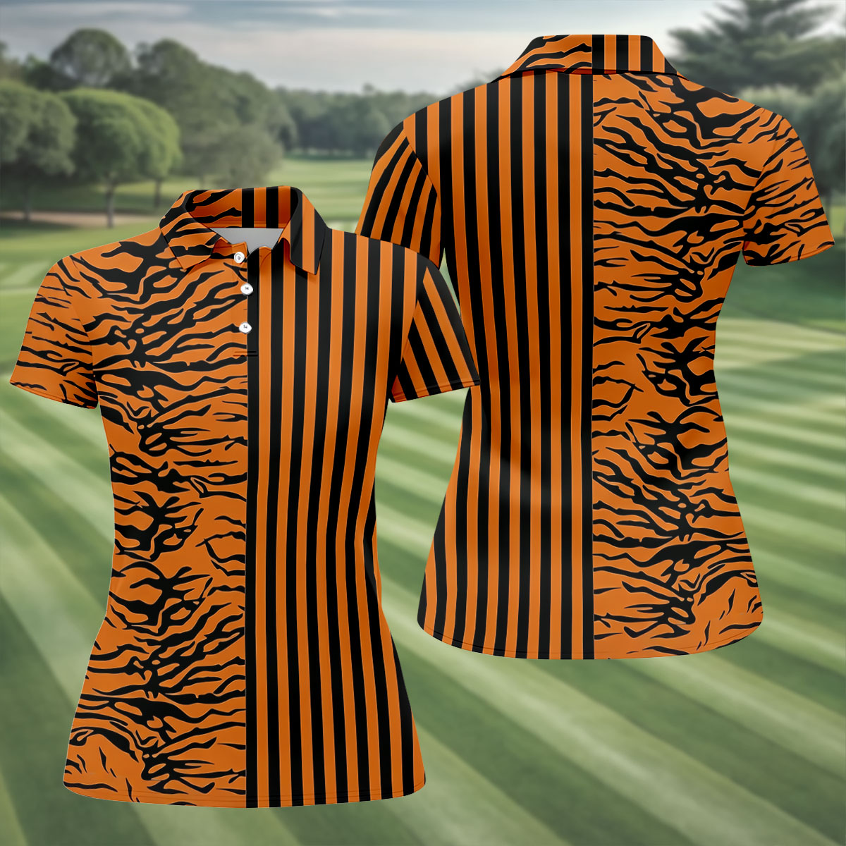 Orange Tiger Stripe Split Pattern Golf Shirt, Women's Golf Tops, Ladies Golf Shirts, Printed Golf Shirt