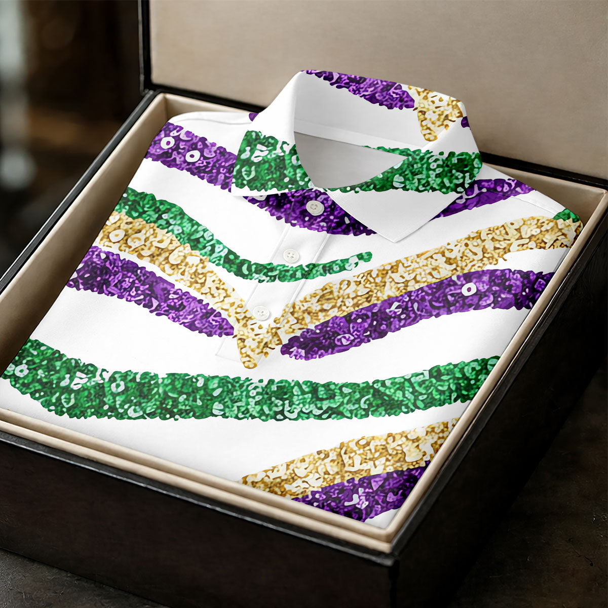 Purple Green Gold Sequin Pattern White Mardi Gras Golf Shirt, Women's Golf Tops, Ladies Golf Shirts