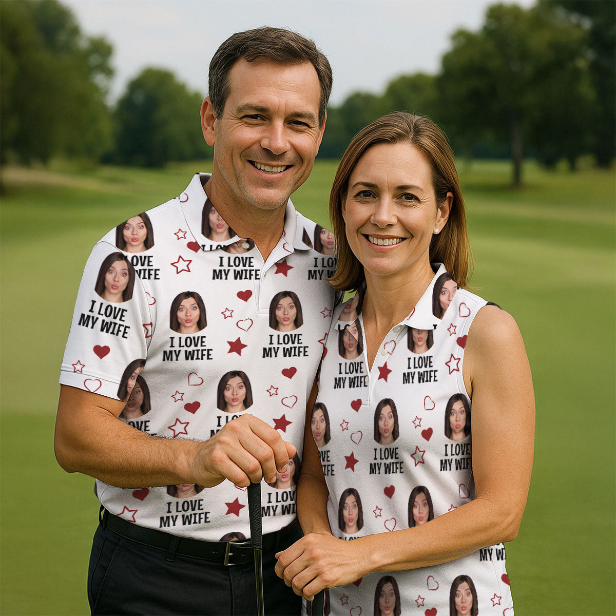 I Love My Husband Custom Face White Golf Shirt, Fun Women's Golf Shirts, Valentines Golf Gift, Ladies Golf Shirts