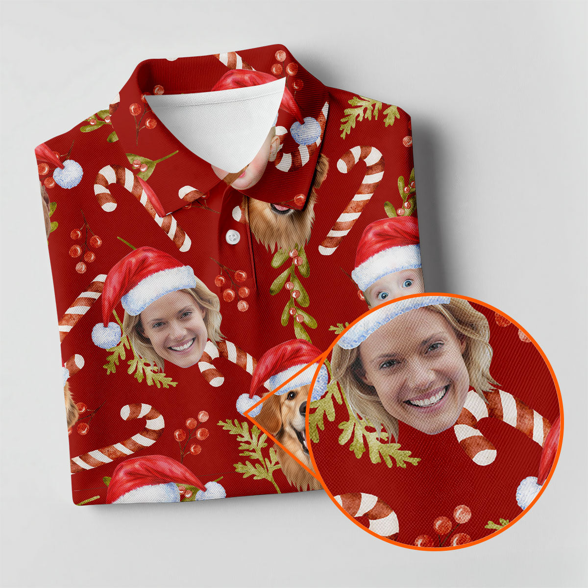 Custom Face Candy Cane And Holy Christmas Red Golf Shirt, Christmas Golf Shirt, Women's Golf Tops