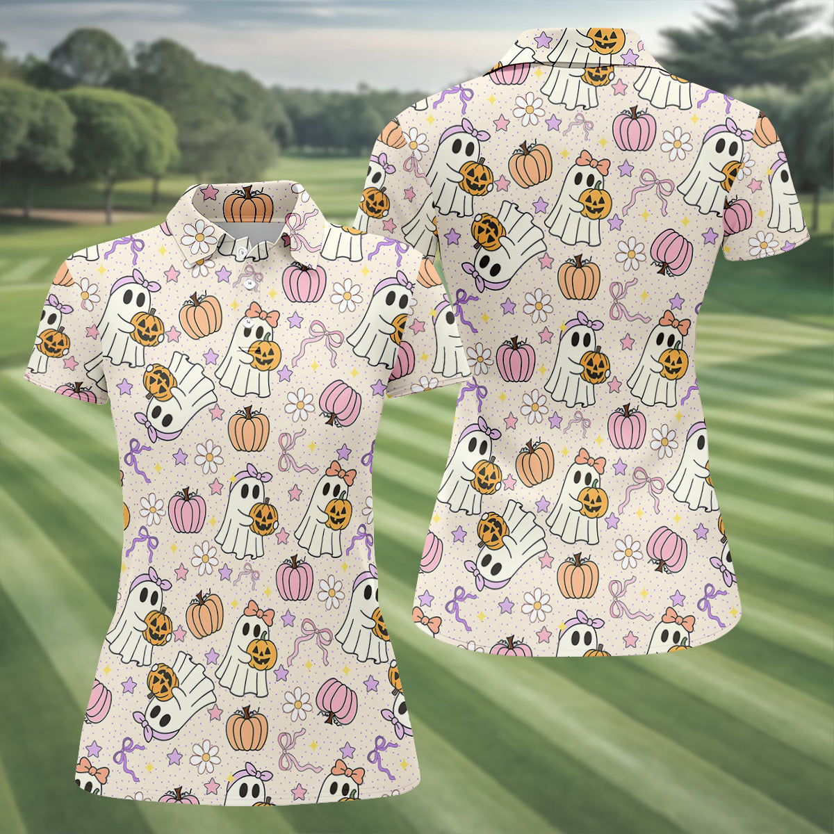 Halloween Seamless Pattern Cute Golf Shirt, Retro Halloween Ladies Golf Tops, Golf Gifts For Women