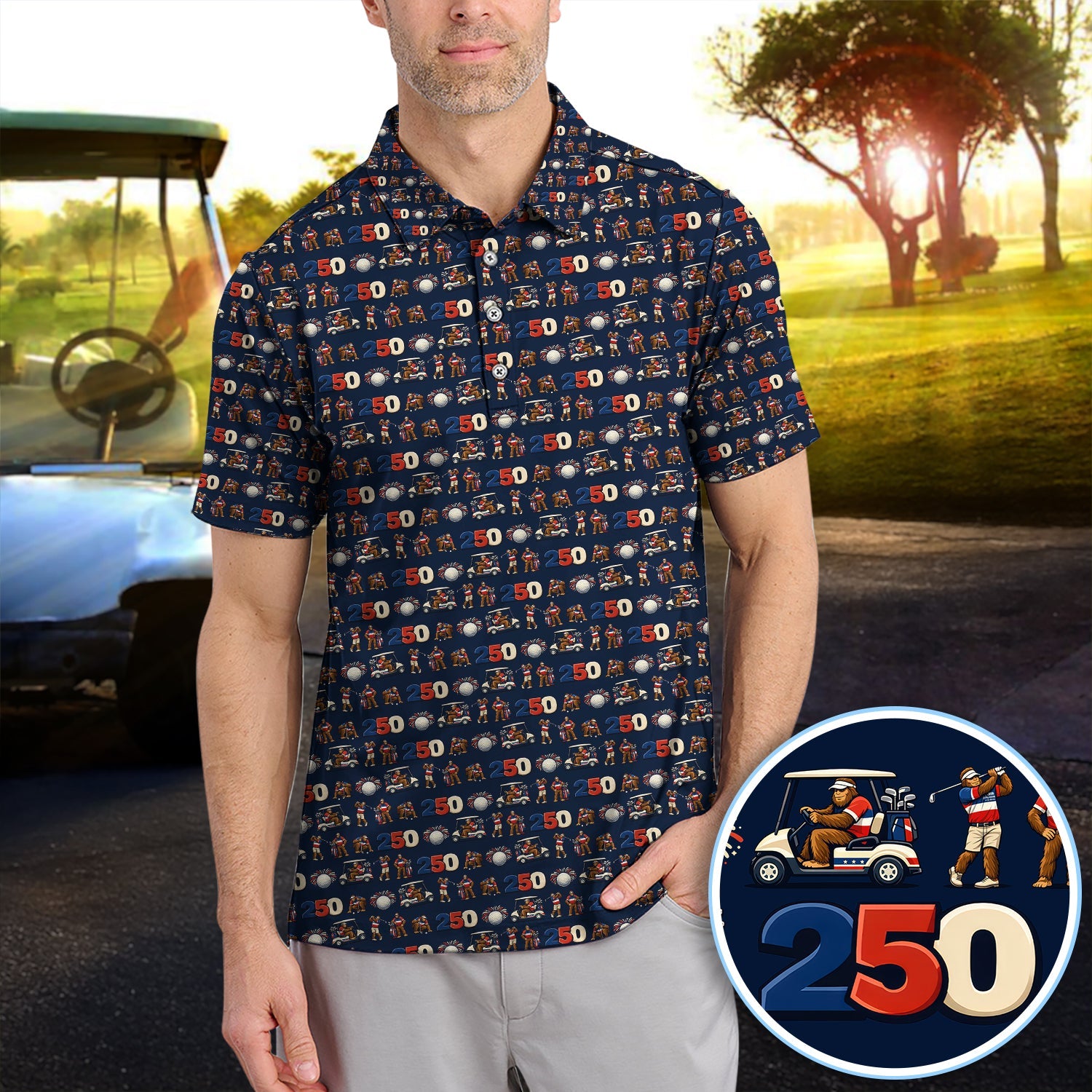 Funny Bigfoot Pattern Golf Shirt, 250th Anniversary Golf Polos, Golf Gift For Golfer