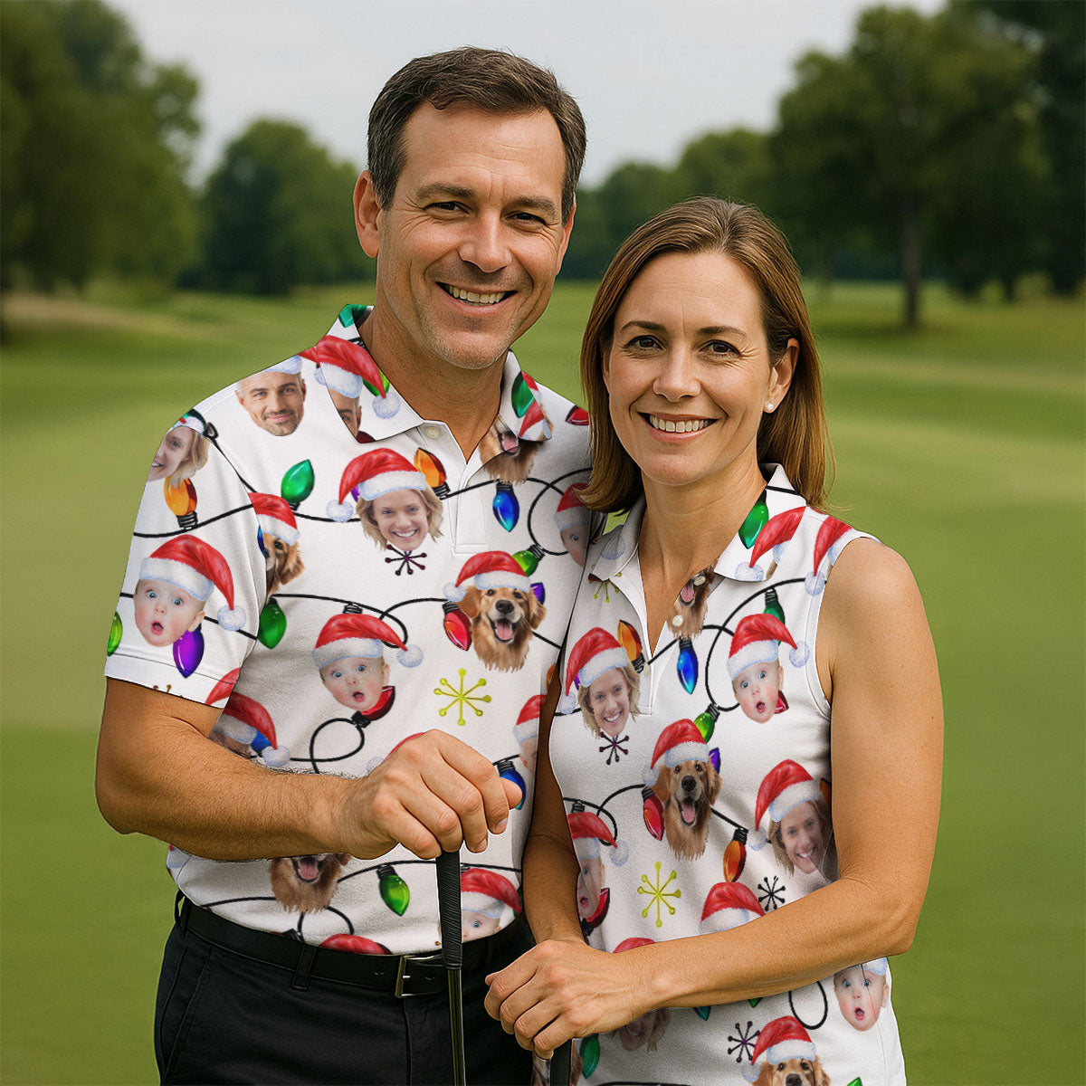 Custom Family Portrait Christmas Lights Pattern Women Golf Top, Christmas Golf Shirt, Ladies Golf Tops