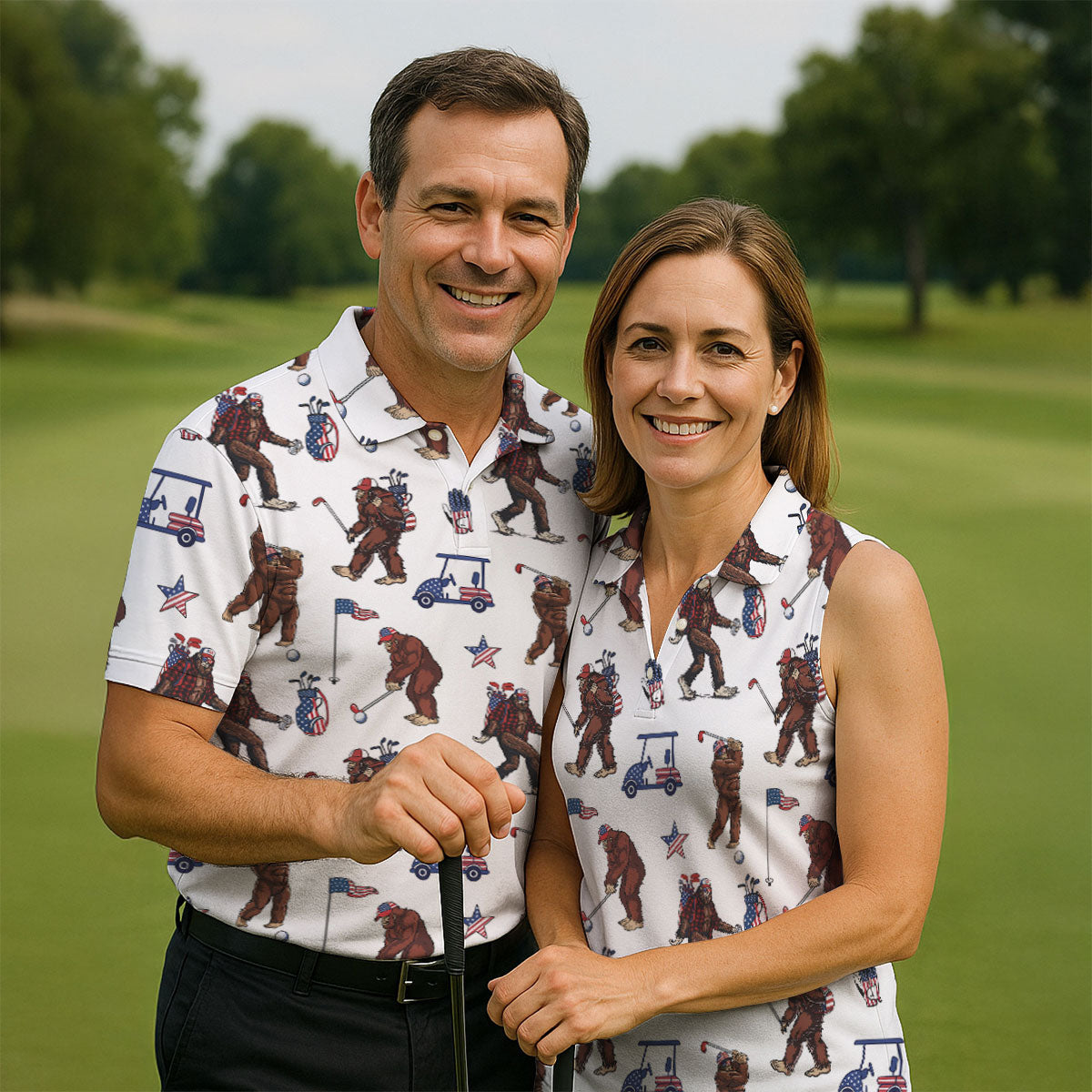 Funny Bigfoot Ladies Patriotic Golf Shirts, Cute Women's Golf Clothes, Ladies Golf Shirts