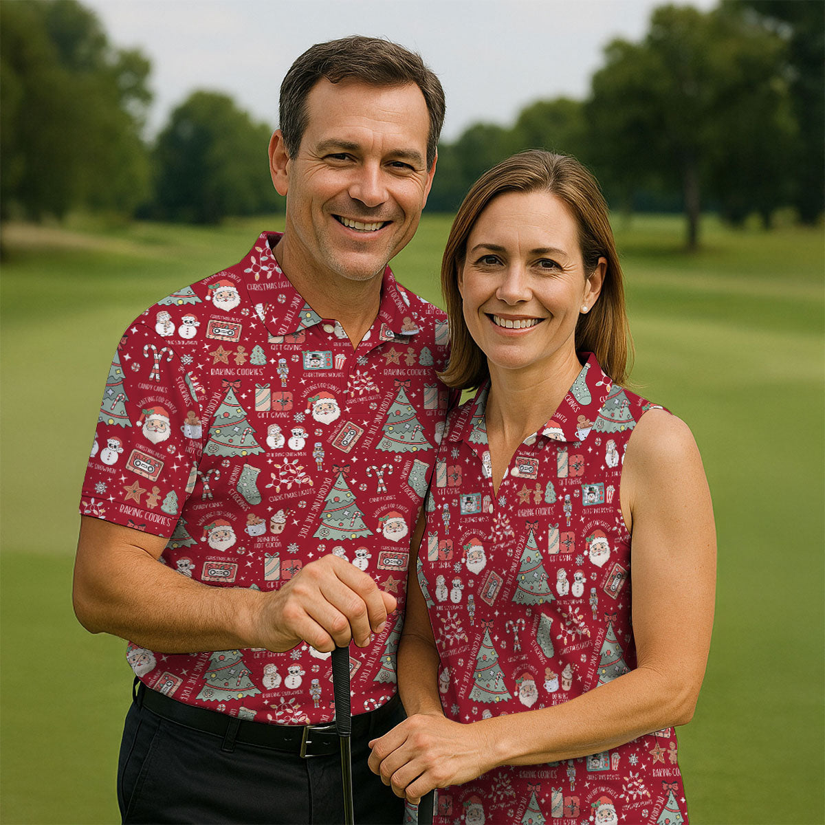 Cute Santa Claus Gift Red Women's Golf Tops, Christmas Golf Shirt, Golf Gift For Ladies