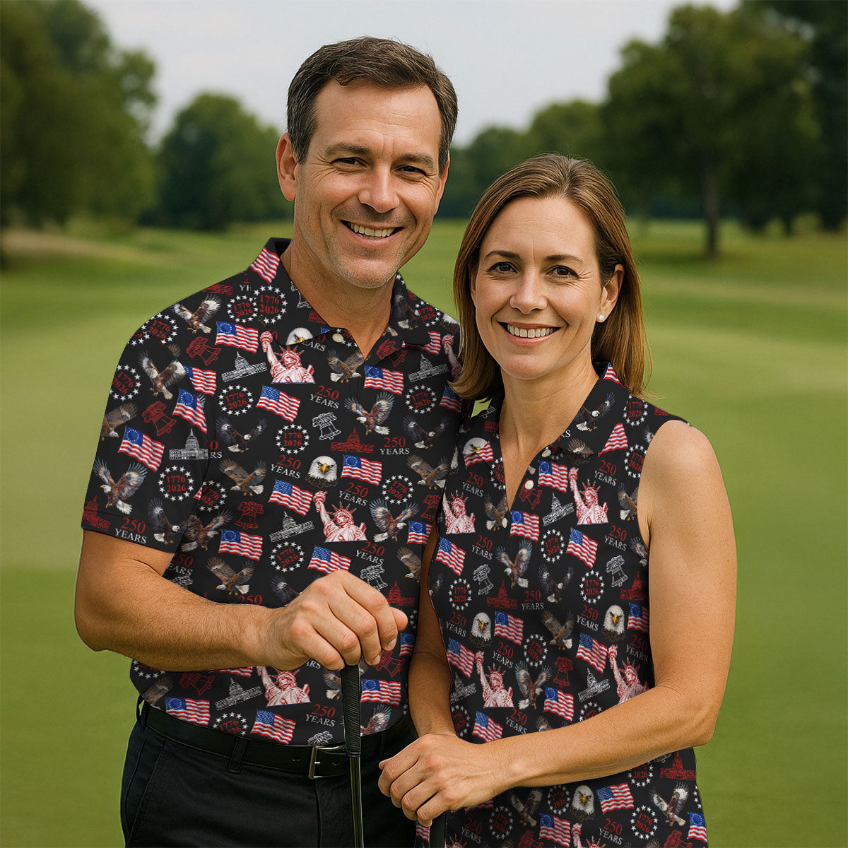 250 Years American Symbol Patriotic Pattern Black Golf Shirt, 4th Of July Golf Shirt, Golf Shirt For Women