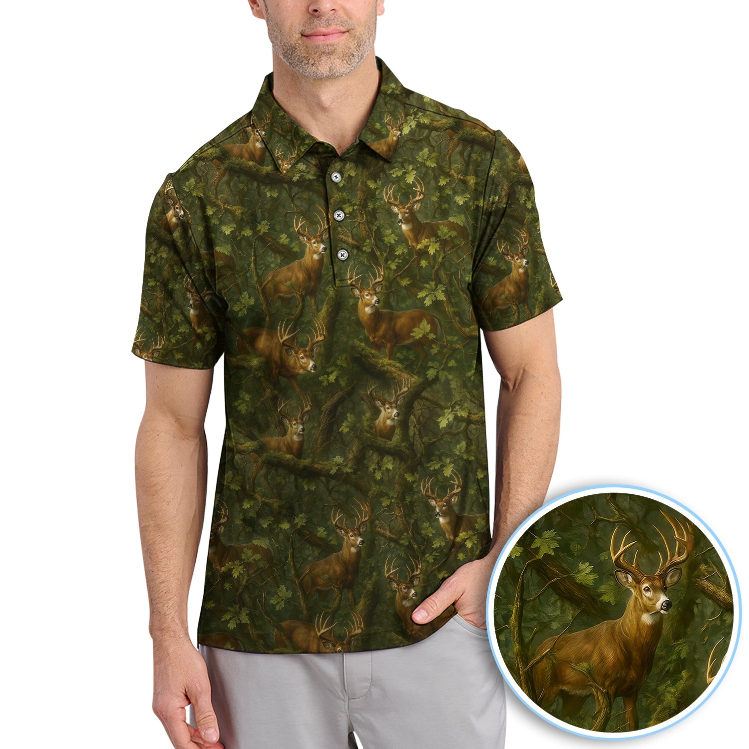 Whitetail Deer Forest Pattern Polo, Crazy Golf Shirt For Men, Golf Gift For Hunter