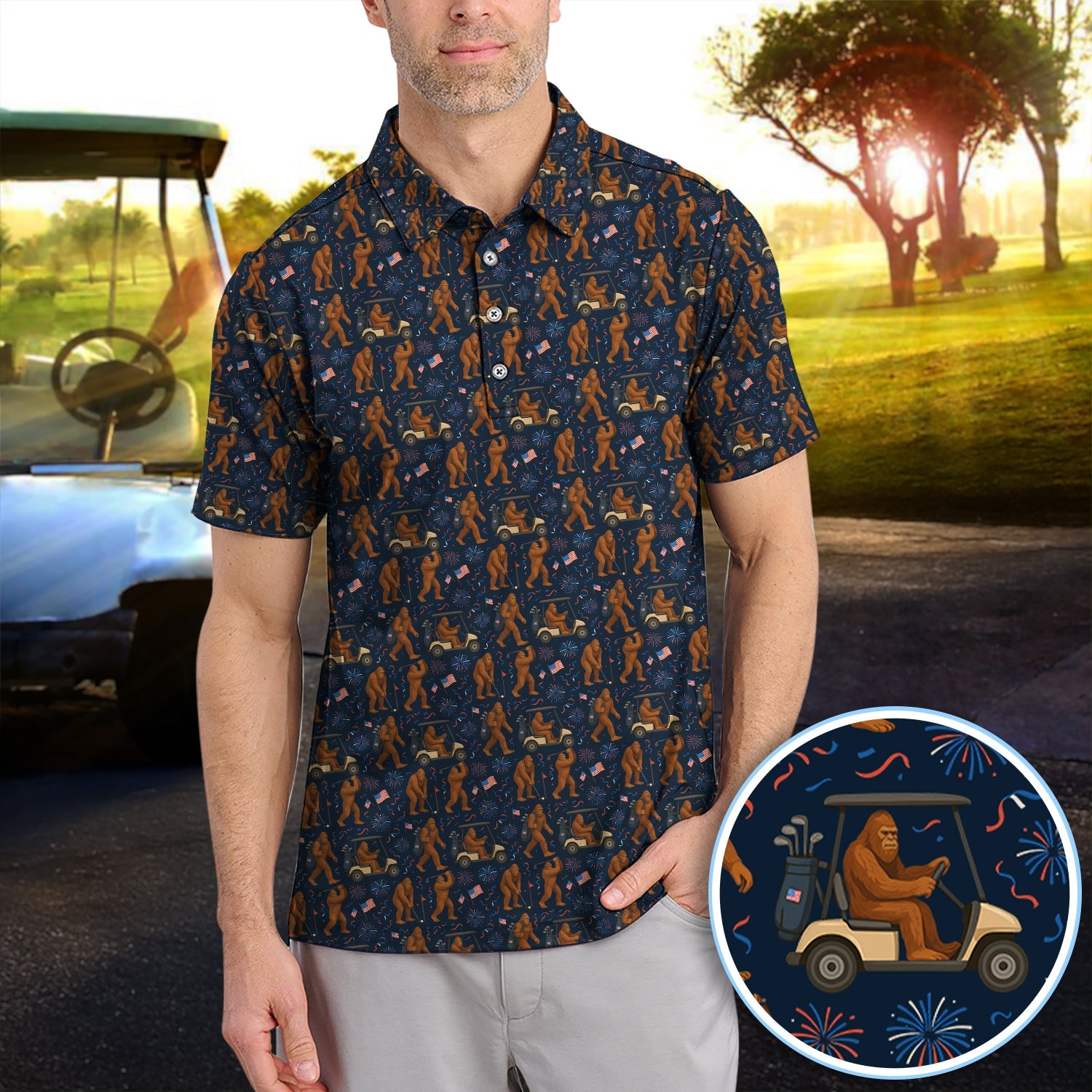 Crazy Patriotic 250 Bigfoot Golf Polos, America 250th Sasquatch Golf Shirt, Golf Gift For Men