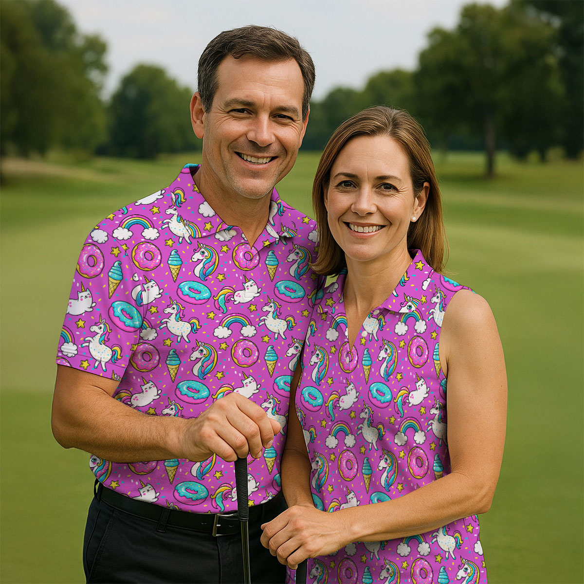 Funny Pink Donut Unicorn Women Golf Shirts, Ladies Golf Shirt, Women Sleeveless Polo Shirt