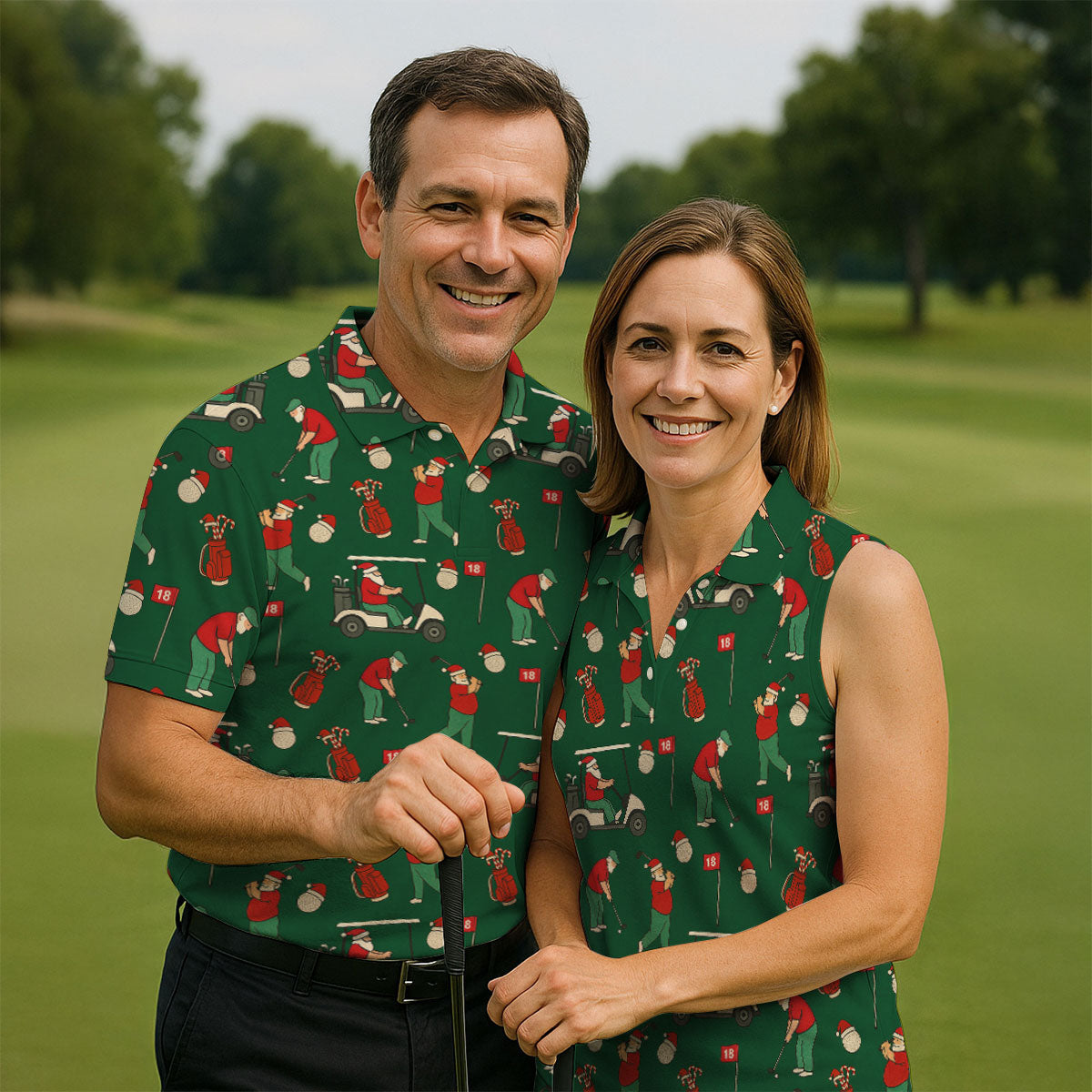 Golfing Santa Green Christmas Fun Women's Golf Shirts, Ladies Golf Shirts, Christmas Golf Shirt