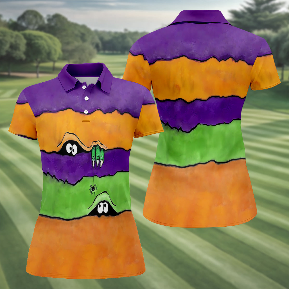 Funny Halloween Peeping Eyes Ladies Golf Polos, Women's Golf Tops, Halloween Golf Shirt