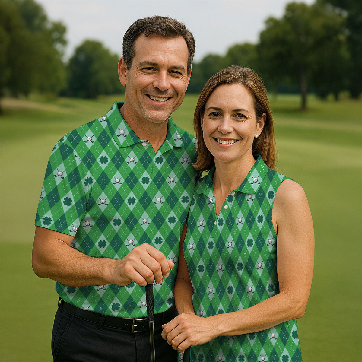 Lucky Four Leaf Clover Golf Ball Pattern Argyle Pattern St Patrick's Day Golf Shirt, Women's Golf Tops