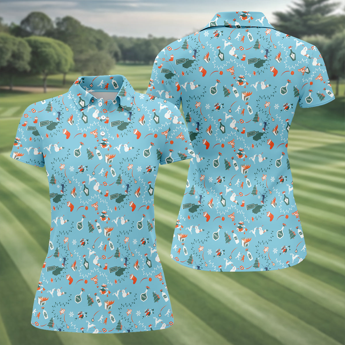 Holiday Chaos Ice Blue Color Women's Golf Shirts, Christmas Golf Shirt, Ladies Golf Polos, Golfing Apparel